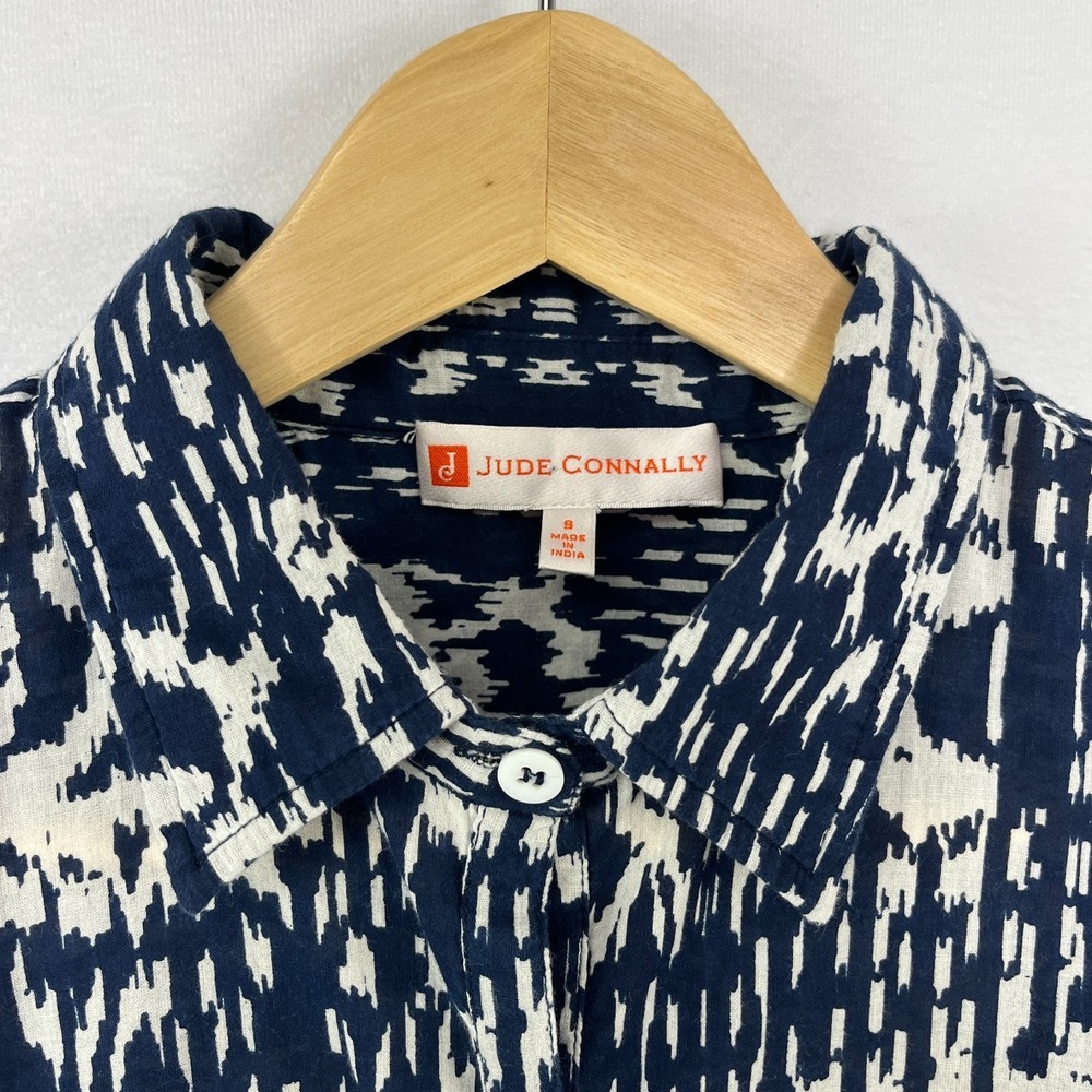Judy Connally Tunic Shirt Sz S Lightweight Indian Cotton Navy White Abstract - Picture 1 of 12